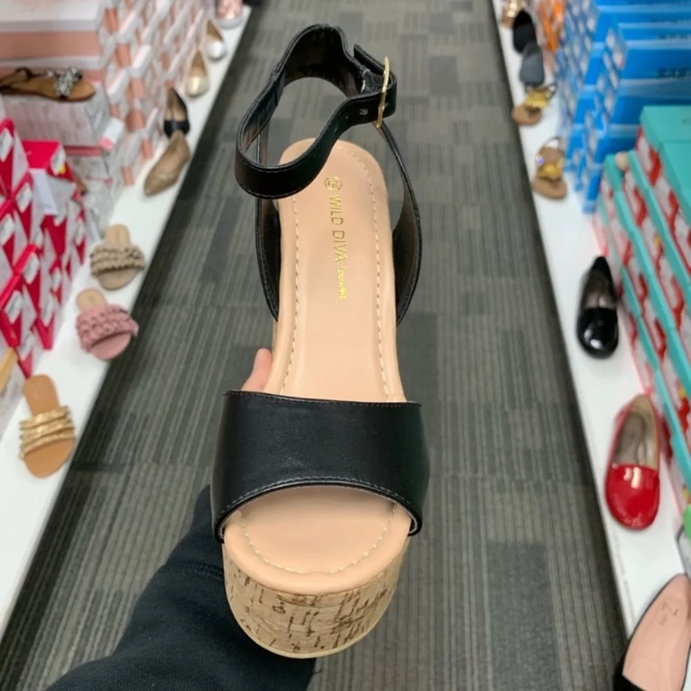 New faux leather cork wedge strappy peeptoe heels